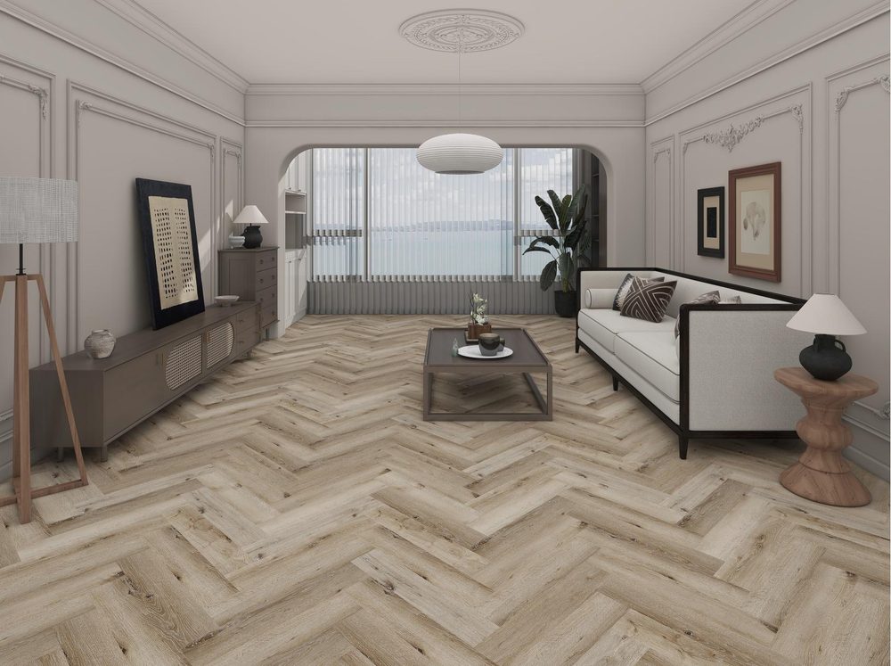 SPC grindų danga SENTAI ezLife+ Herringbone Oak Brussel 635*127*6,5 – Pilka