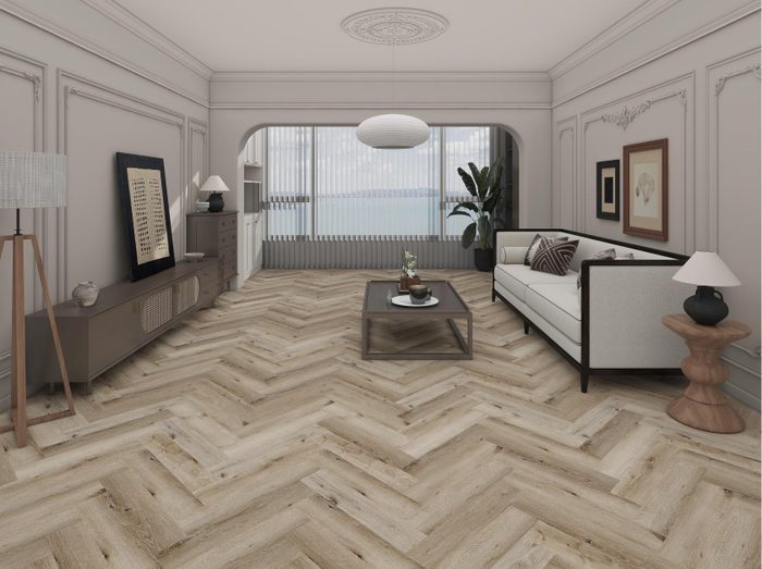 SPC grindų danga SENTAI ezLife+ Herringbone Oak Brussel 635*127*6,5 – Pilka 